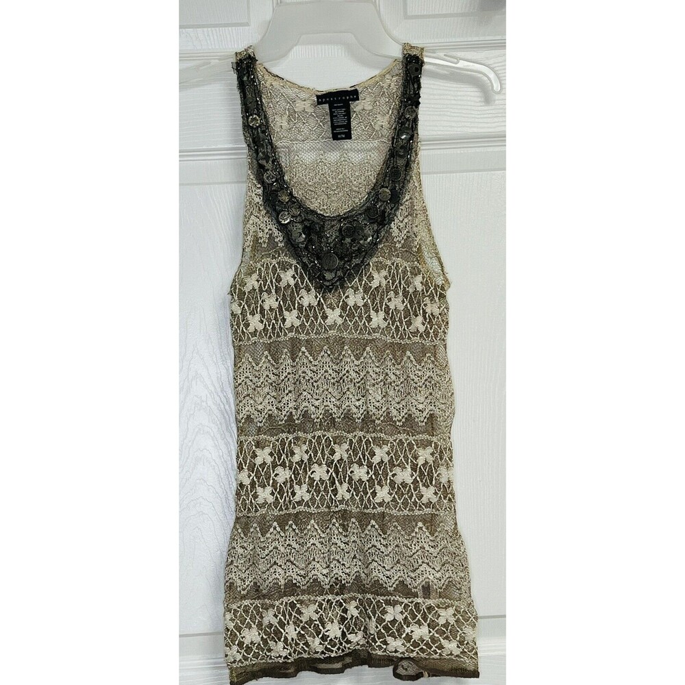 Attention Women's M Sheer Brown / Beige Beaded Sleeveless Tang Top Crocheted